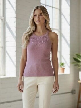 Vintage Y2K CACHE Pink Metallic Sequin Pearl Tank Top Ribbed Sweater M/L Glam